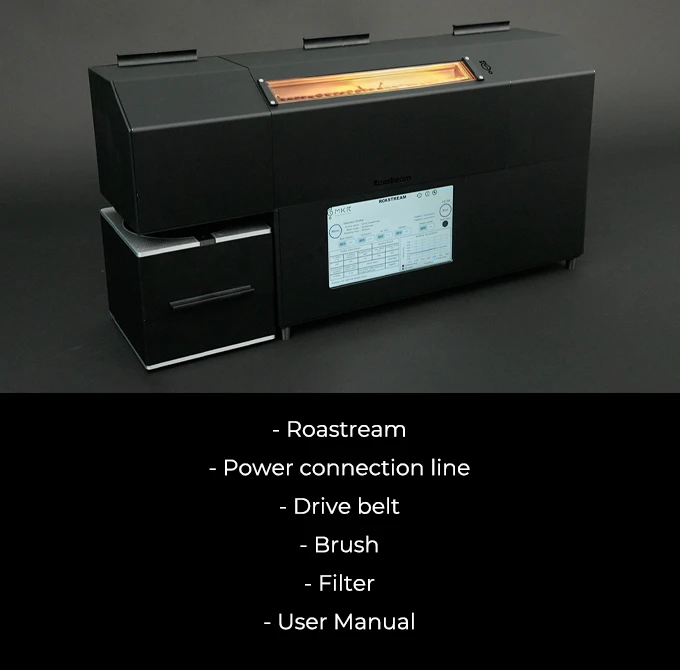 ROASTREAM product package with power connection line, drive belt, brush, filter, and user manual
